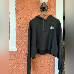 Champion Pullover Hoodie Womens XXL Black Solid Drawstring Cropped Reverse Weave